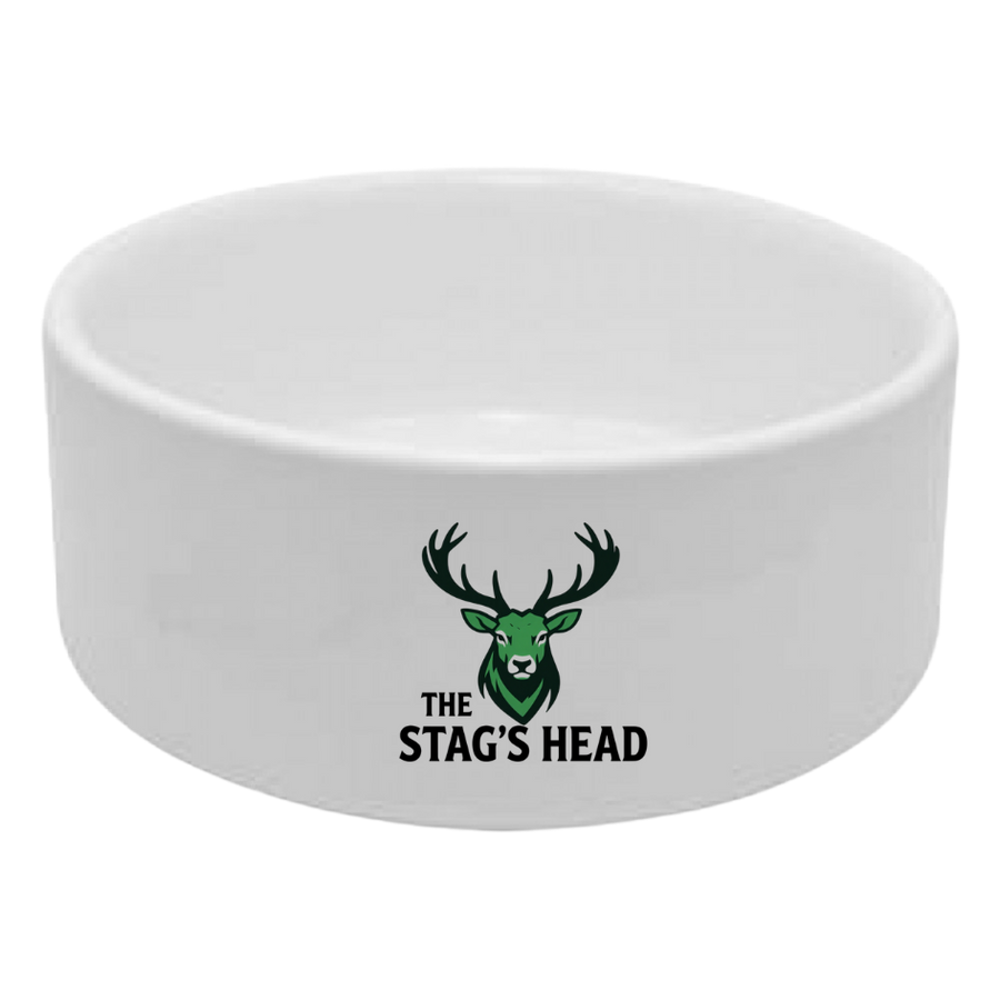 Branded dog bowl with venue logo outside dog friendly pub by Chef Woof